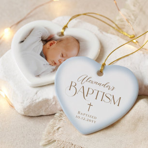 Ornamento De Cerâmica Foto de Batismo de Bebê Menino com Cruz Elegante e