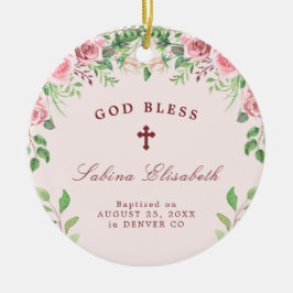 Ornamento De Cerâmica Foto de batismo de rosas rosa personalizada