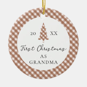 Ornamento De Cerâmica Foto de Bebê de Gingham Marrom Primeiro Natal da V