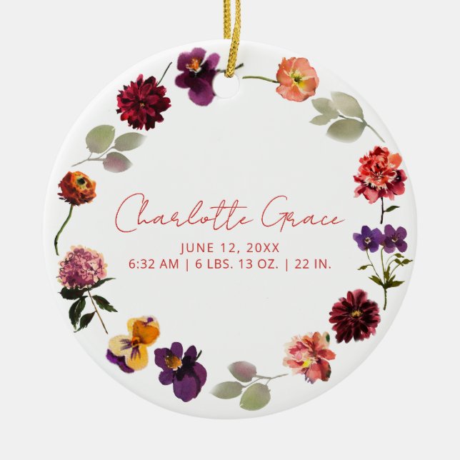 Ornamento De Cerâmica Foto de Bebê Moderno Stats Boho Rustic Floral (Frente)