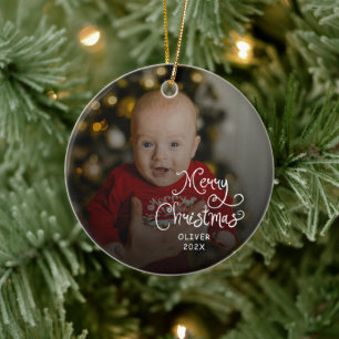 Ornamento De Cerâmica Foto de Bebê no Natal Alegre