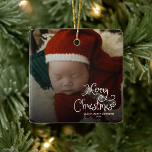 Ornamento De Cerâmica Foto de Bebê no Natal Alegre