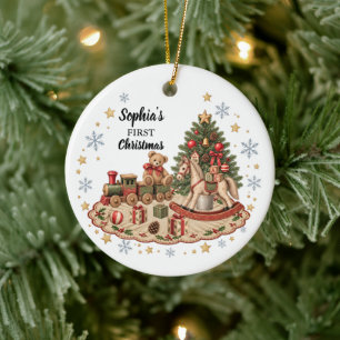 Ornamento De Cerâmica Foto de Bebê no Natal com Brinquedo Antigo