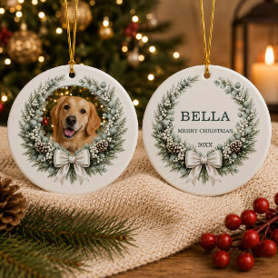 Ornamento De Cerâmica Foto de Cachorro com Coroa de Natal e Laço