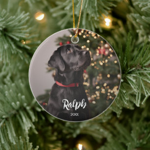 Ornamento De Cerâmica Foto de Cachorro com Sobreposição de Texto do Nome
