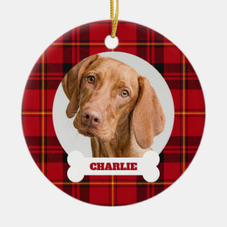 Ornamento De Cerâmica Foto de Cachorro Xadrez Tartan Vermelho Nome Perso