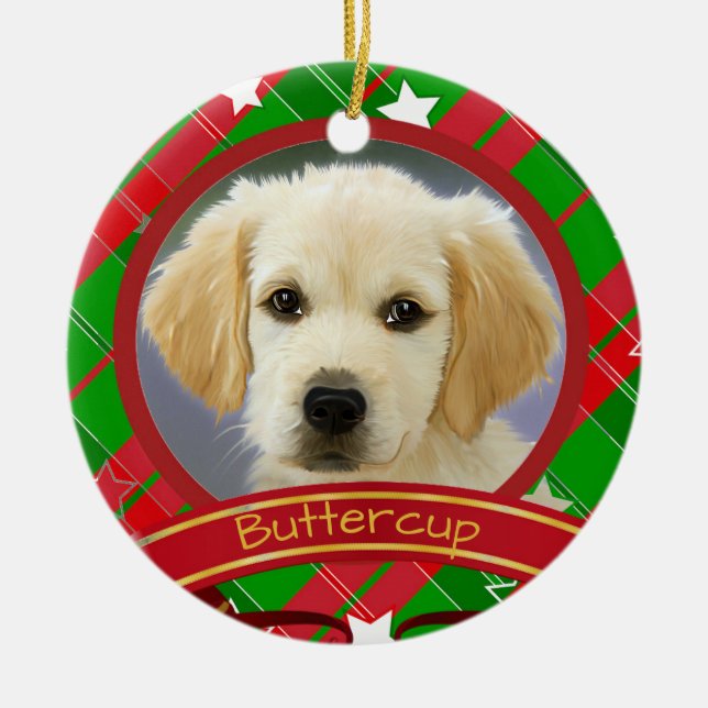 Ornamento De Cerâmica Foto de Cão Pet de Natal Vermelho Verde Personaliz (Frente)