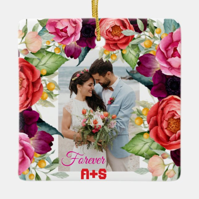 Ornamento De Cerâmica Foto de Casais Personalizados Florais para Rosa (Frente)