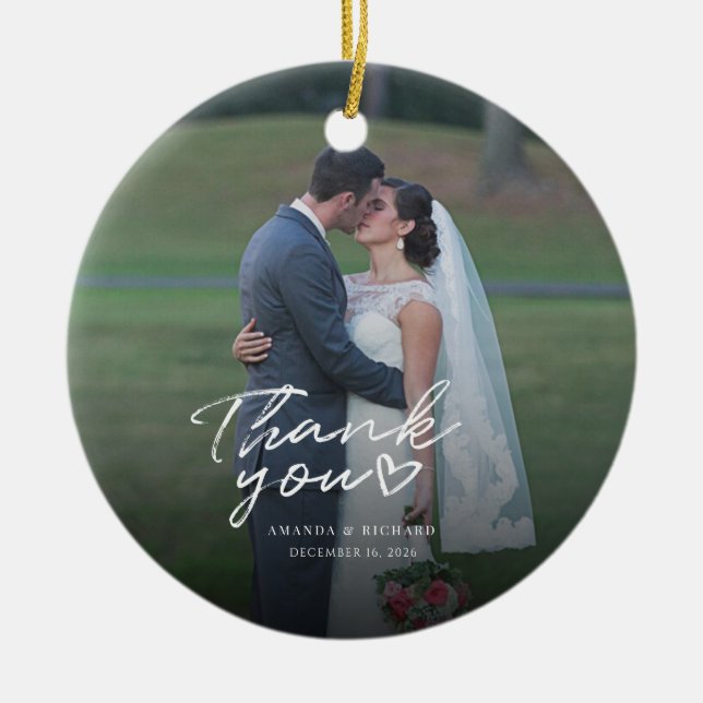 Ornamento De Cerâmica Foto De Casamento Carta De Mão Obrigado (Frente)