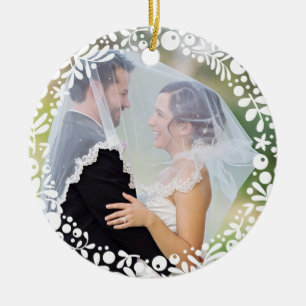 Ornamento De Cerâmica Foto de Casamento com Quadro White Berry com Texto