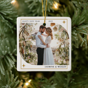 Ornamento De Cerâmica Foto de casamento de Natal minimalista em ouro