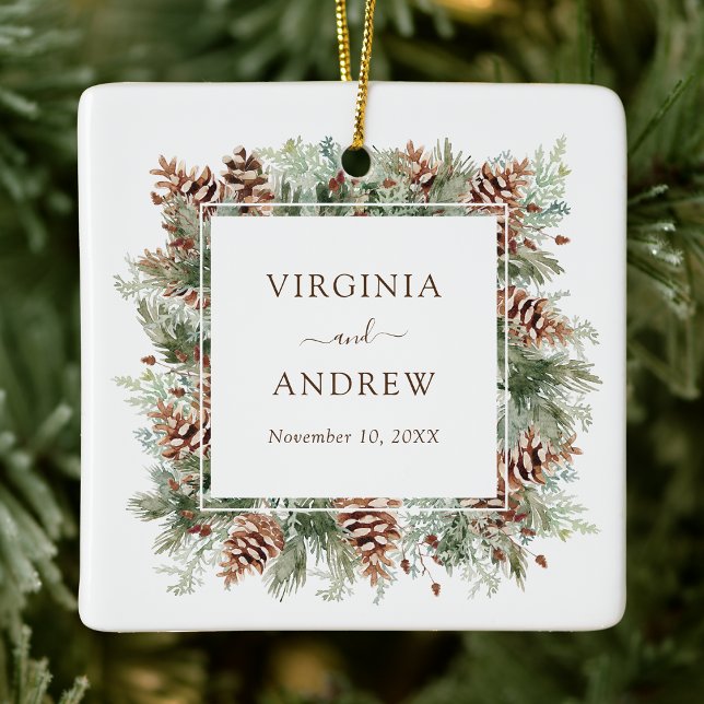 Ornamento De Cerâmica Foto de Casamento Elegante (Elegant Forest Theme Wedding Photo Holiday Ceramic Ornament by Painted Paperie
)