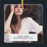 Ornamento De Cerâmica Foto de Casamento Envolvido pelo Amor Minimalista<br><div class="desc">Feliz moderna minimalista e Casamento simples de fotos ou ornamento cerâmico em Noivado. Crie seus próprios ornamentos personalizados de Natal adicionando suas fotos de casamento em frente e atrás, faça seu próprio monograma com iniciais, data de gravação, ano e qualquer mensagem de amor. Um modelo na moda com uma escrita...</div>