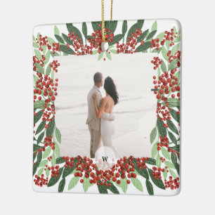 Ornamento De Cerâmica Foto de Casamento Recém-Casados com Monograma em M