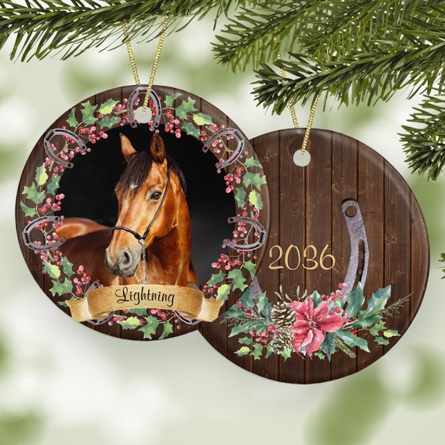 Ornamento De Cerâmica Foto de Cavalo de Natal Rústico Personalizada (Criador carregado)