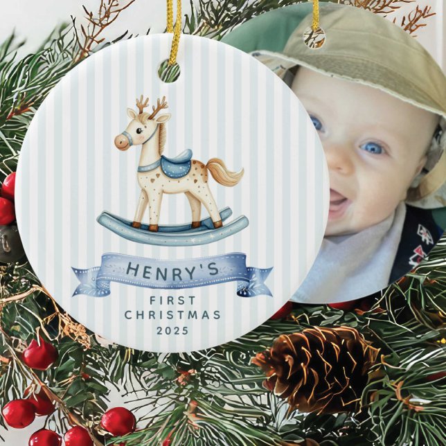 Ornamento De Cerâmica Foto de Cavalo Rocking Primeiro Natal (Criador carregado)