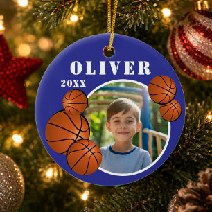 Ornamento De Cerâmica Foto de Esportes Bola de Basquete Azul Personaliza