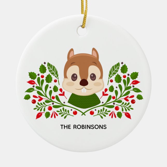Ornamento De Cerâmica Foto de esquilo de Natal bonito (Frente)