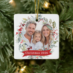 Ornamento De Cerâmica Foto de Família com Coroa de Natal Ano