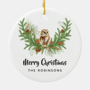 Ornamento De Cerâmica Foto de família de coruja de Natal em aquarela