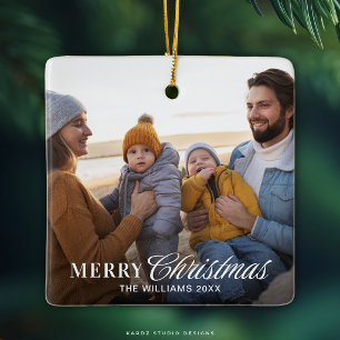 Ornamento De Cerâmica Foto de Família de Natal com Letra Moderna