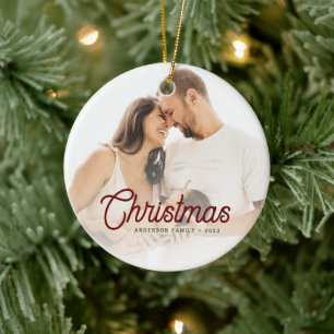 Ornamento De Cerâmica Foto de Família de Natal com Letra Moderna Minimal