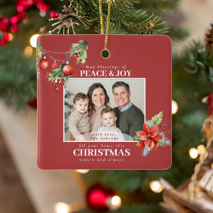 Ornamento De Cerâmica Foto de Família de Natal com Poinsettia Vermelha