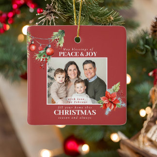 Ornamento De Cerâmica Foto de Família de Natal com Poinsettia Vermelha
