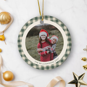 Ornamento De Cerâmica Foto de família de Natal em Plaid Búfalo Verde Rús