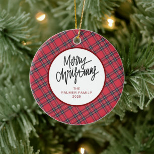 Ornamento De Cerâmica Foto de Família de Natal Xadrez Vermelho Moderno E