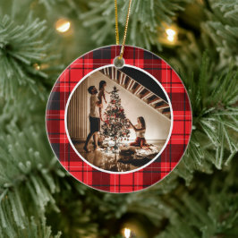 Ornamento De Cerâmica Foto de Família de Natal Xadrez Vermelho Moderno E