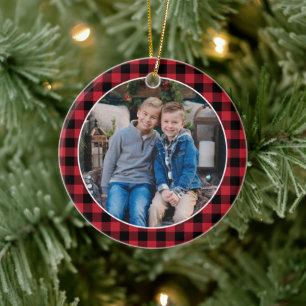Ornamento De Cerâmica Foto de Família do Natal em Plaid Búfalo Vermelho