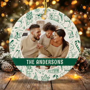 Ornamento De Cerâmica Foto de Família Doodle Verde Natal