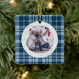 Ornamento De Cerâmica Foto de Família em Xadrez Azul e Branco Fofa 