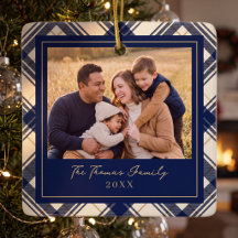 Foto de Família Feliz Natal em Xadrez Azul Marinho