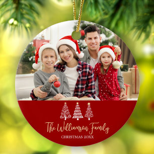 Ornamento De Cerâmica Foto de Família Natal Vermelho Árvores Caprichosas