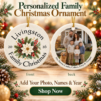 Ornamento De Cerâmica Foto de Família Personalizada com Poinsettia Branc