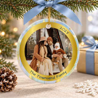 Ornamento De Cerâmica Foto de Família Personalizada Natal Azul e Dourado