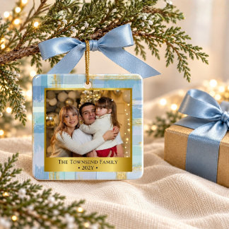 Ornamento De Cerâmica Foto de Família Personalizada Natal Azul e Dourado