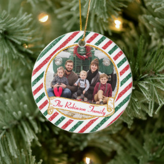 Ornamento De Cerâmica Foto de família vintage de Natal com brilho e corr