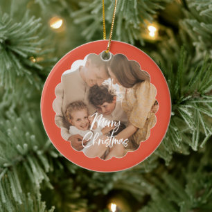 Ornamento De Cerâmica Foto de Feliz Natal em Letra Manuscrita Fofa
