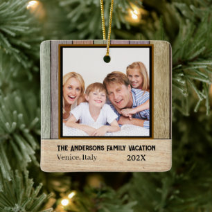 Ornamento De Cerâmica Foto de Férias da Família Rustic Farmhouse Planks