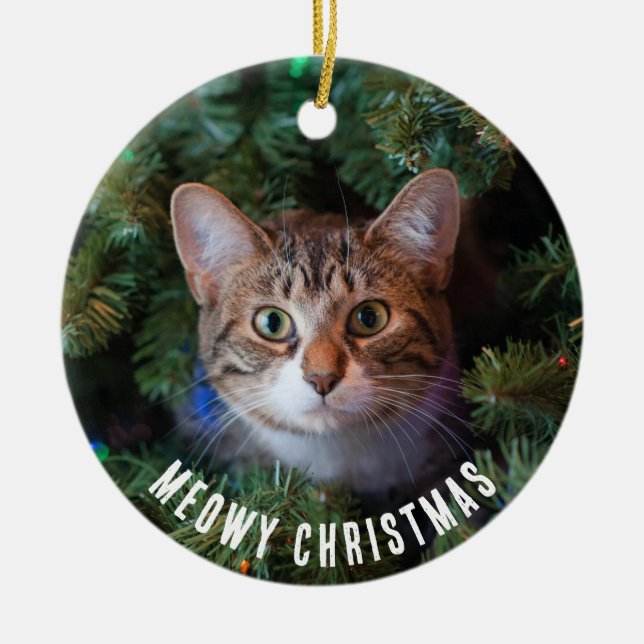 Ornamento De Cerâmica Foto De Gato De Natal Meowy, Dois Lados (Frente)