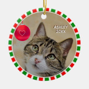 Ornamento De Cerâmica Foto de gato malhado e moldura verde vermelha