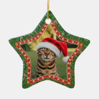 Ornamento De Cerâmica Foto de Gato Personalizada Estrela Formato Natal