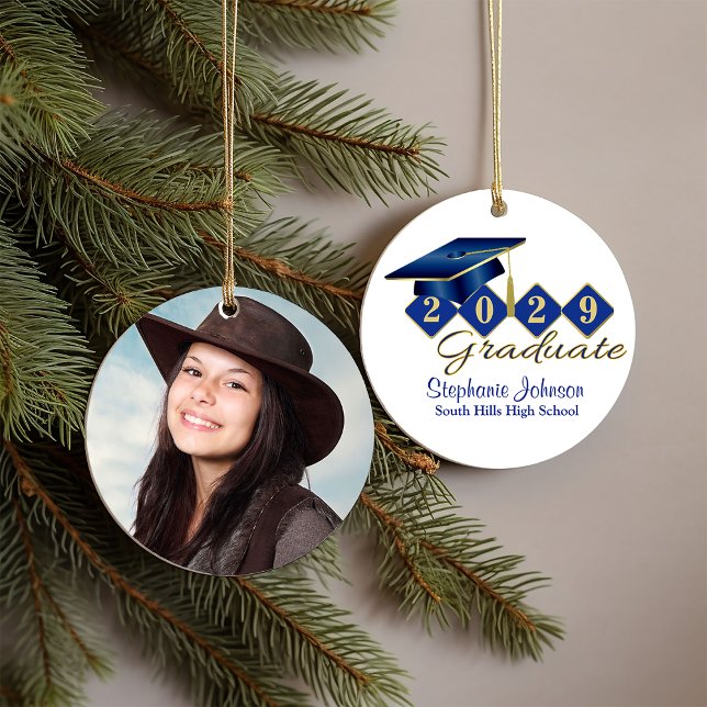 Ornamento De Cerâmica Foto de Graduação Azul e Clássico Dourado 20XX (Graduation Blue and Gold Classic 20XX Photo Ceramic Ornament)