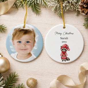 Ornamento De Cerâmica Foto de Guaxinim de Natal Aquarela Nome Menina