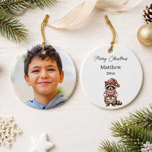 Ornamento De Cerâmica Foto de Guaxinim de Natal Aquarela Nome Menino