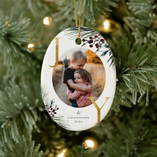 Ornamento De Cerâmica Foto de Joy Ouro Rustic Winter Boughs (Árvore)