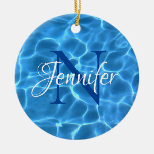 Ornamento De Cerâmica Foto de Monograma Azul Água de Piscina